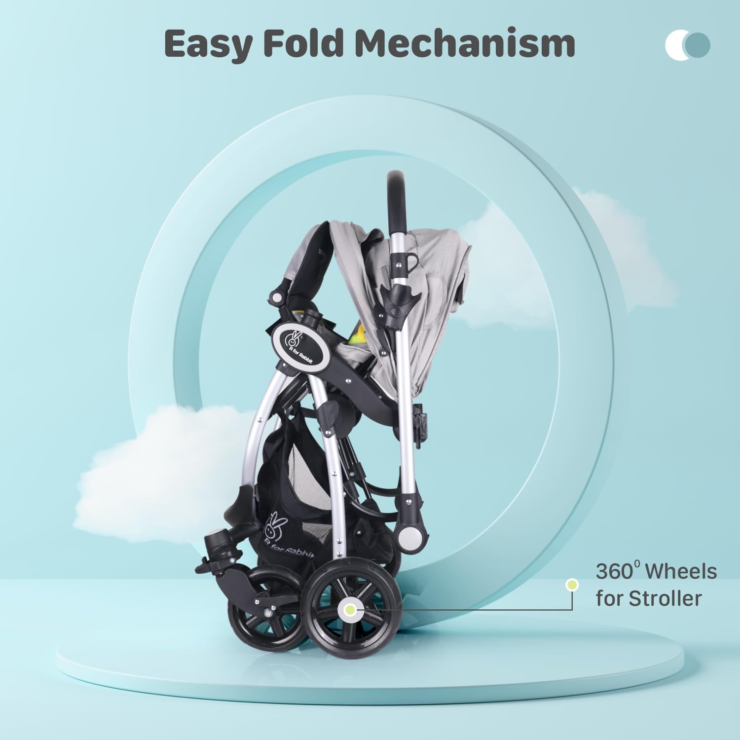 R for Rabbit Baby Travel System with a grey stroller and infant car seat, offering a complete solution for safe and convenient baby and kids transportation, with colorful accents. www.usmile.toys